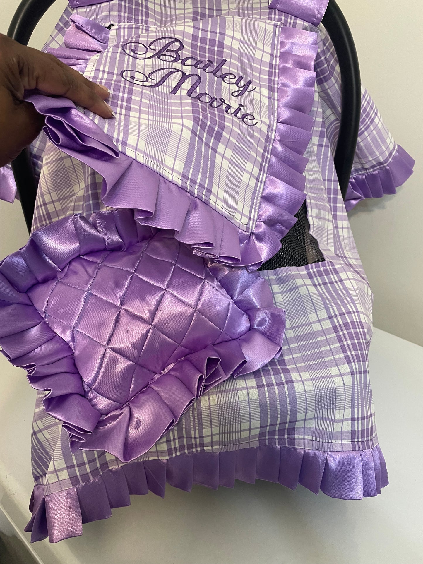 Handcrafted, Personalized Baby Car Seat Cover Plaid Purple Lilac
