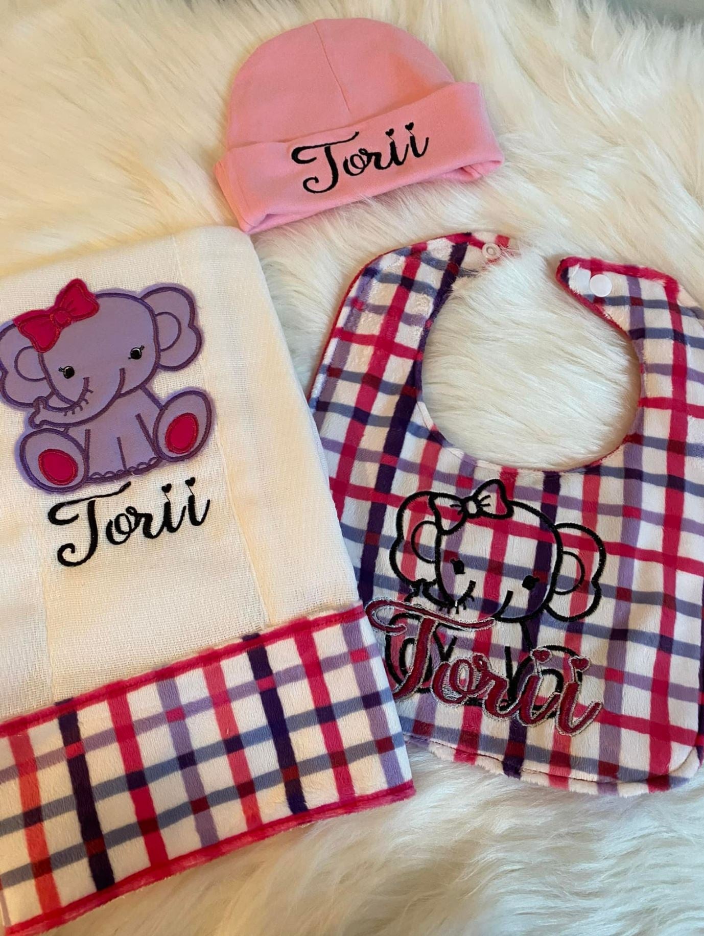 Pretty Pink Plaid Elephant Baby Girl Basket