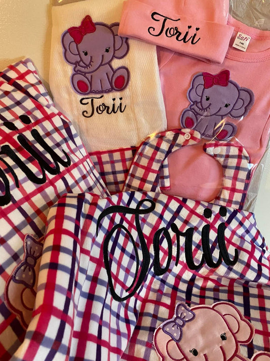 Pretty Pink Plaid Elephant Baby Girl Basket