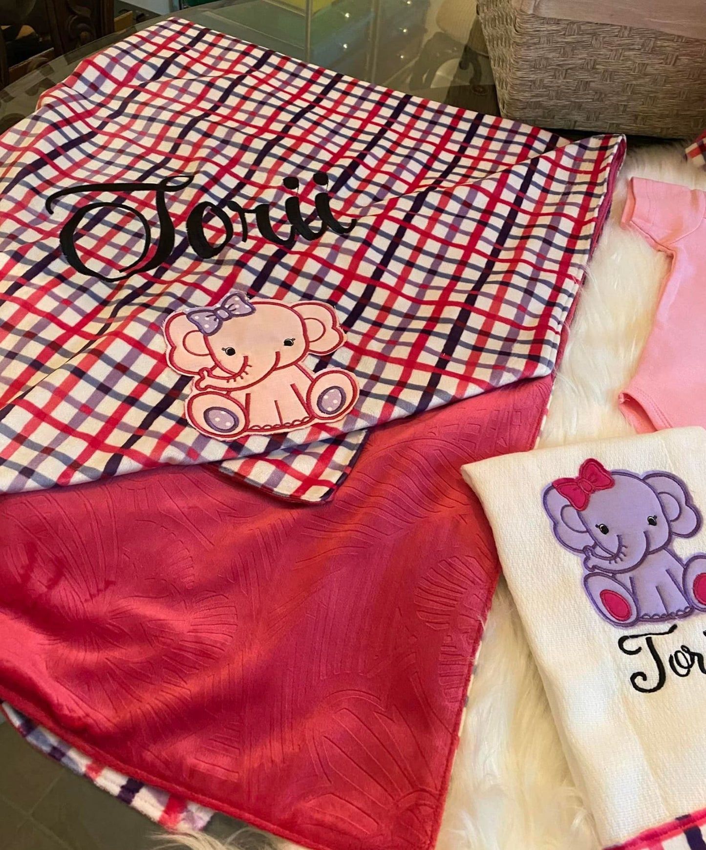Pretty Pink Plaid Elephant Baby Girl Basket