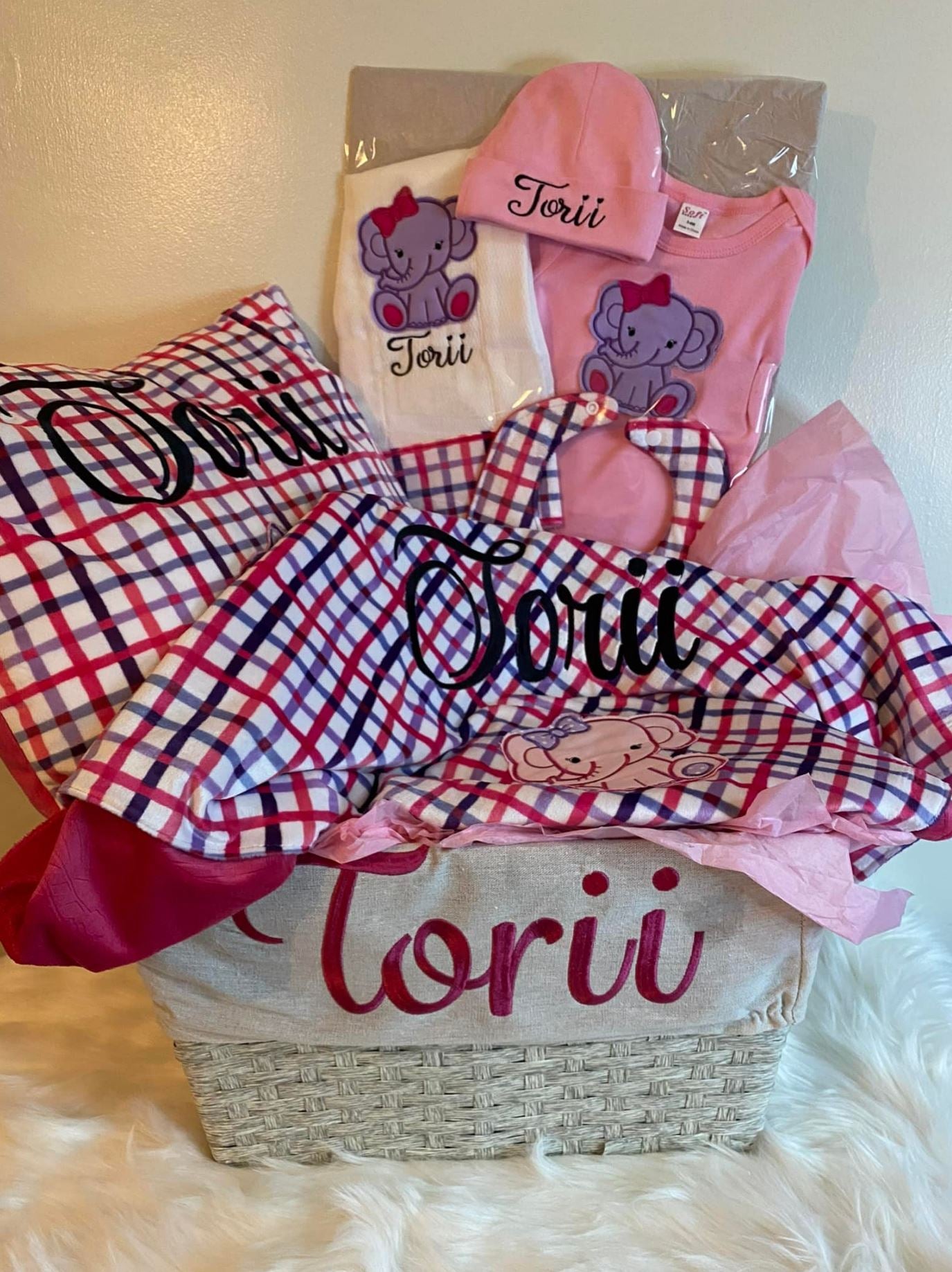 Pretty Pink Plaid Elephant Baby Girl Basket