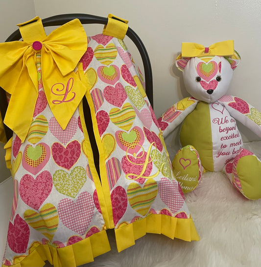 Personalized Baby Car Seat Cover & Keepsake Teddybear Set