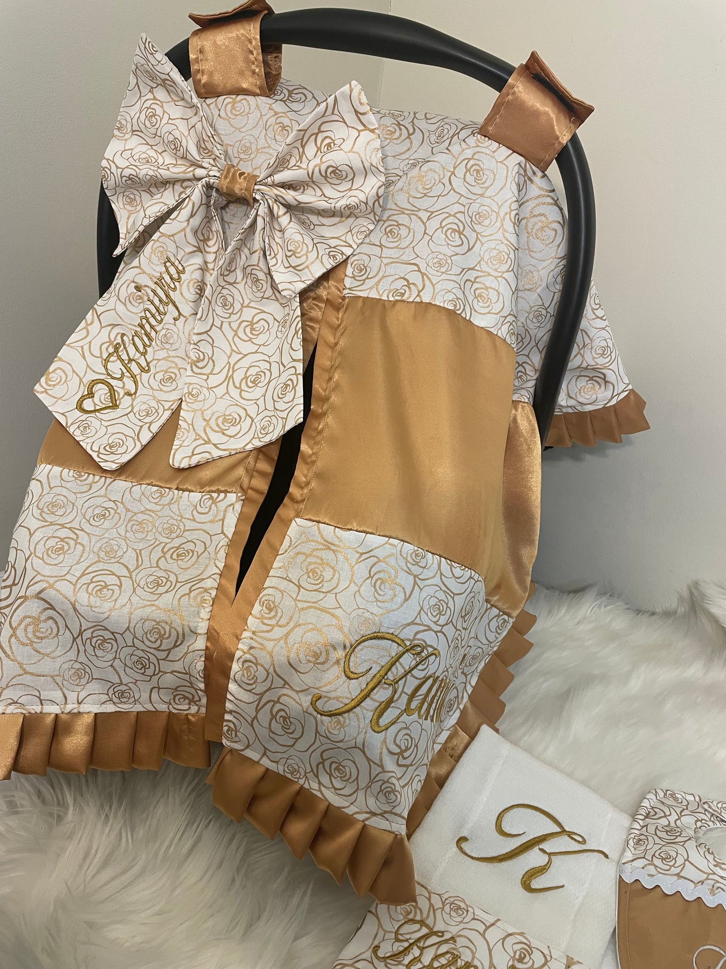 Gold & White Floral Handcrafted, Personalized Baby Car Seat Cover Set