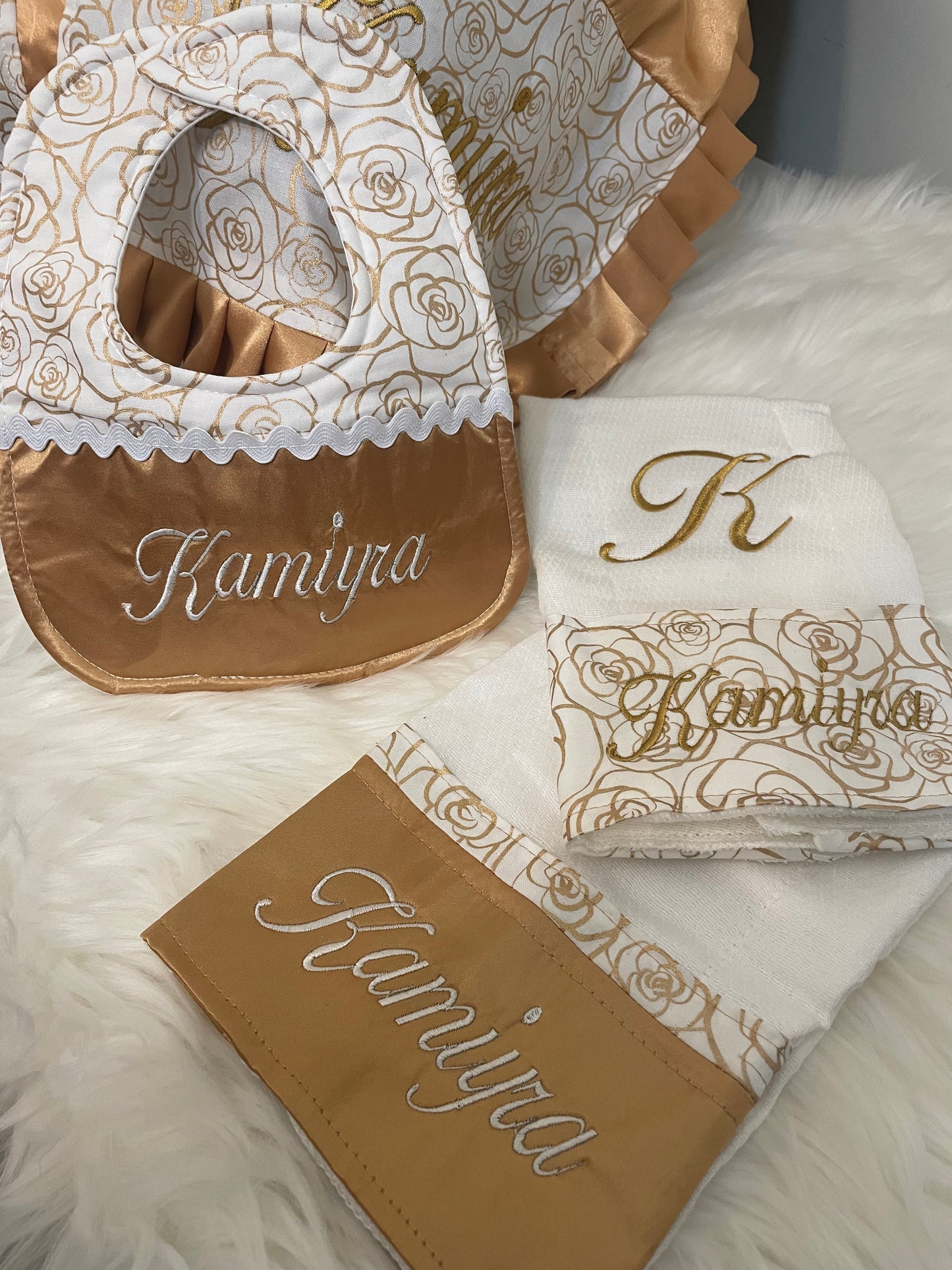 Gold & White Floral Handcrafted, Personalized Baby Car Seat Cover Set