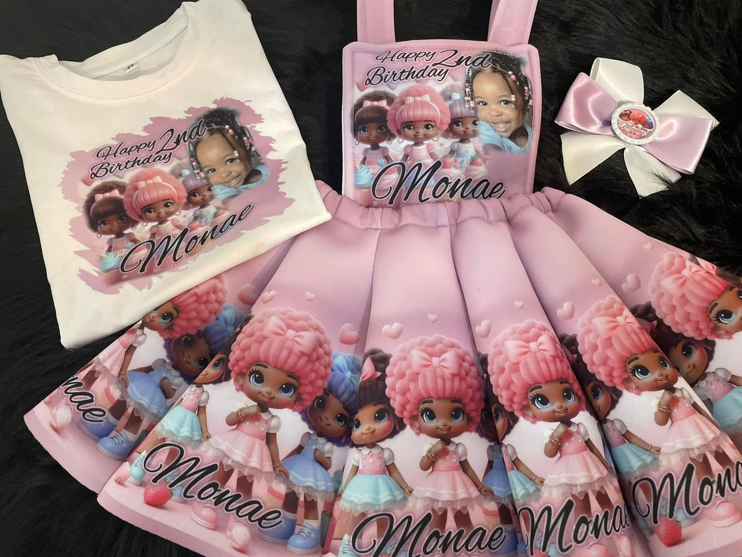 2 Pc Dolly Girls Custom Overall Dress Birthday Set w/ Hairbow