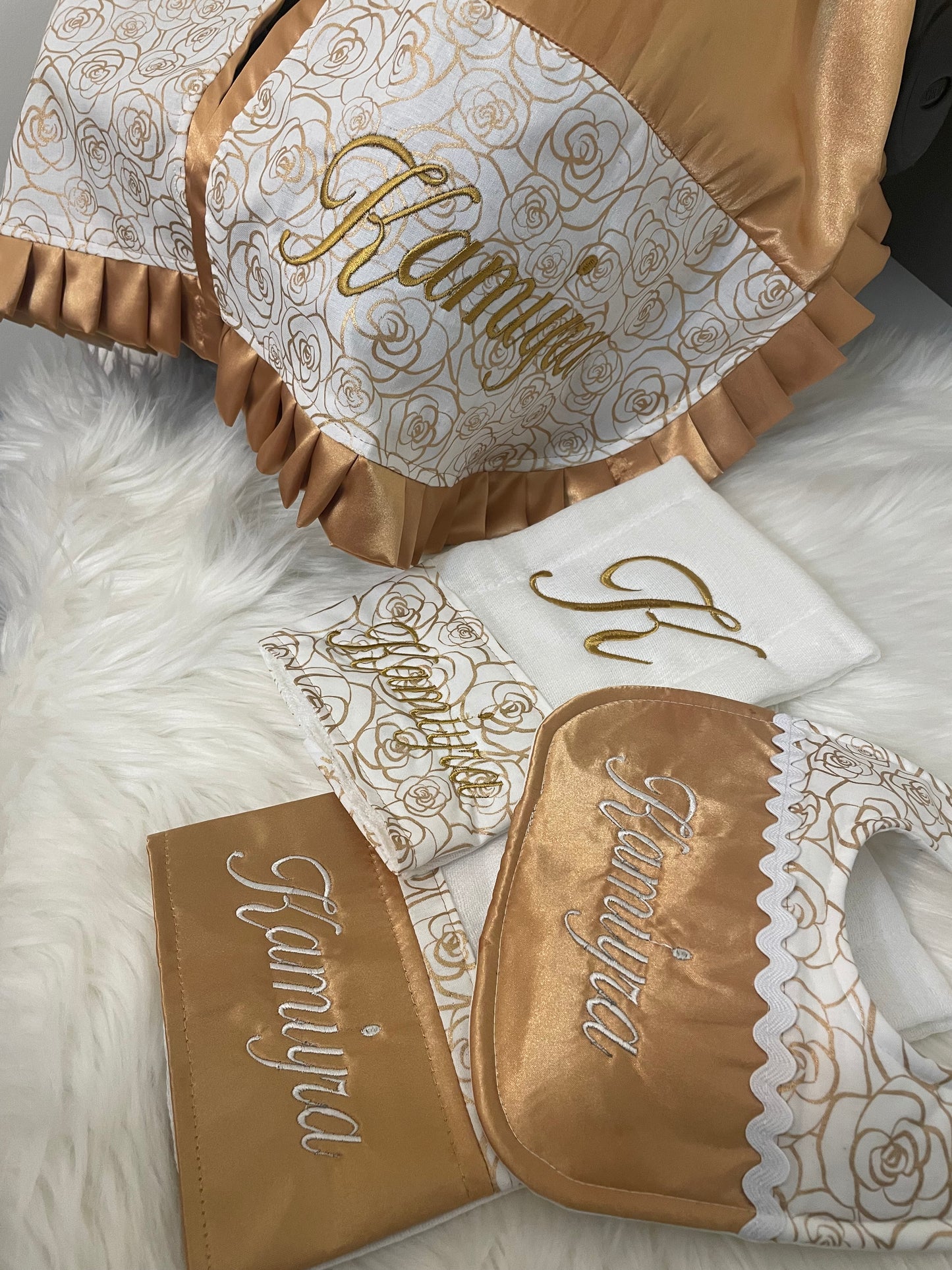 Gold & White Floral Handcrafted, Personalized Baby Car Seat Cover Set