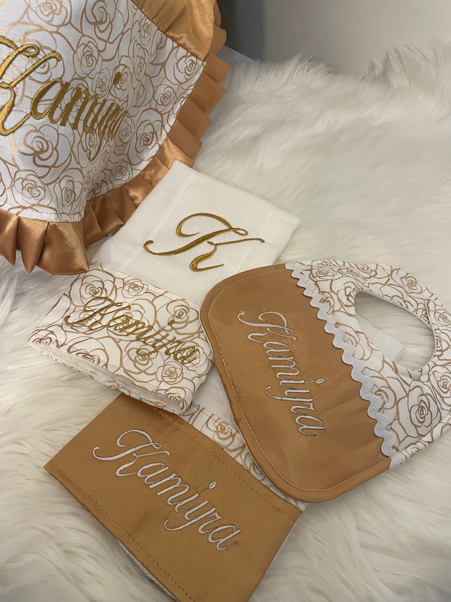 Gold & White Floral Handcrafted, Personalized Baby Car Seat Cover Set