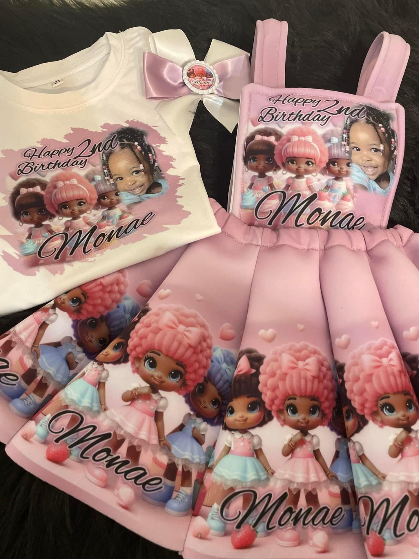 2 Pc Dolly Girls Custom Overall Dress Birthday Set w/ Hairbow