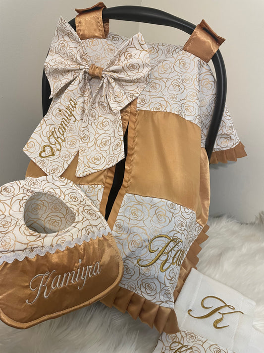 Gold & White Floral Handcrafted, Personalized Baby Car Seat Cover Set