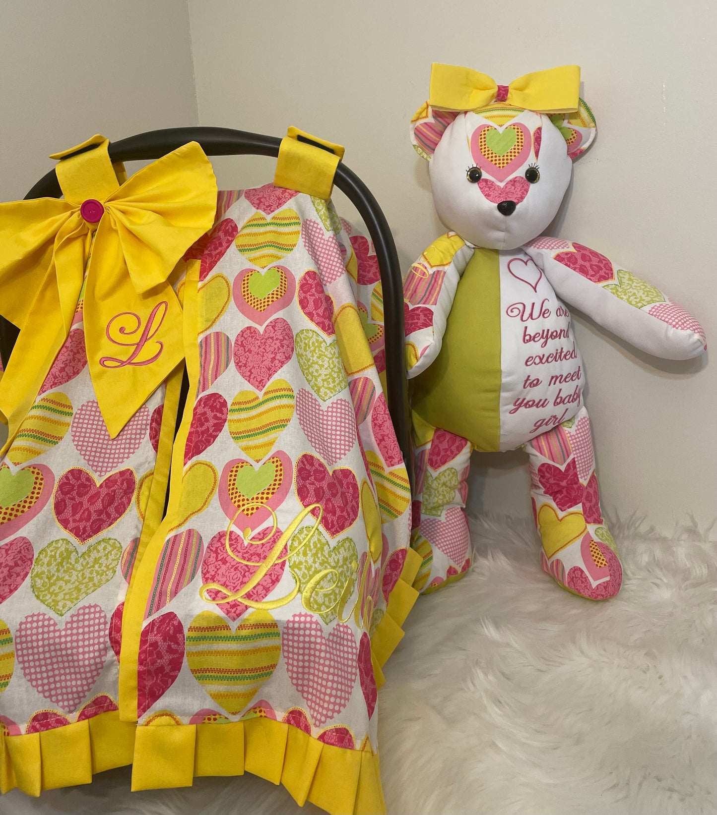 Personalized Baby Car Seat Cover & Keepsake Teddybear Set
