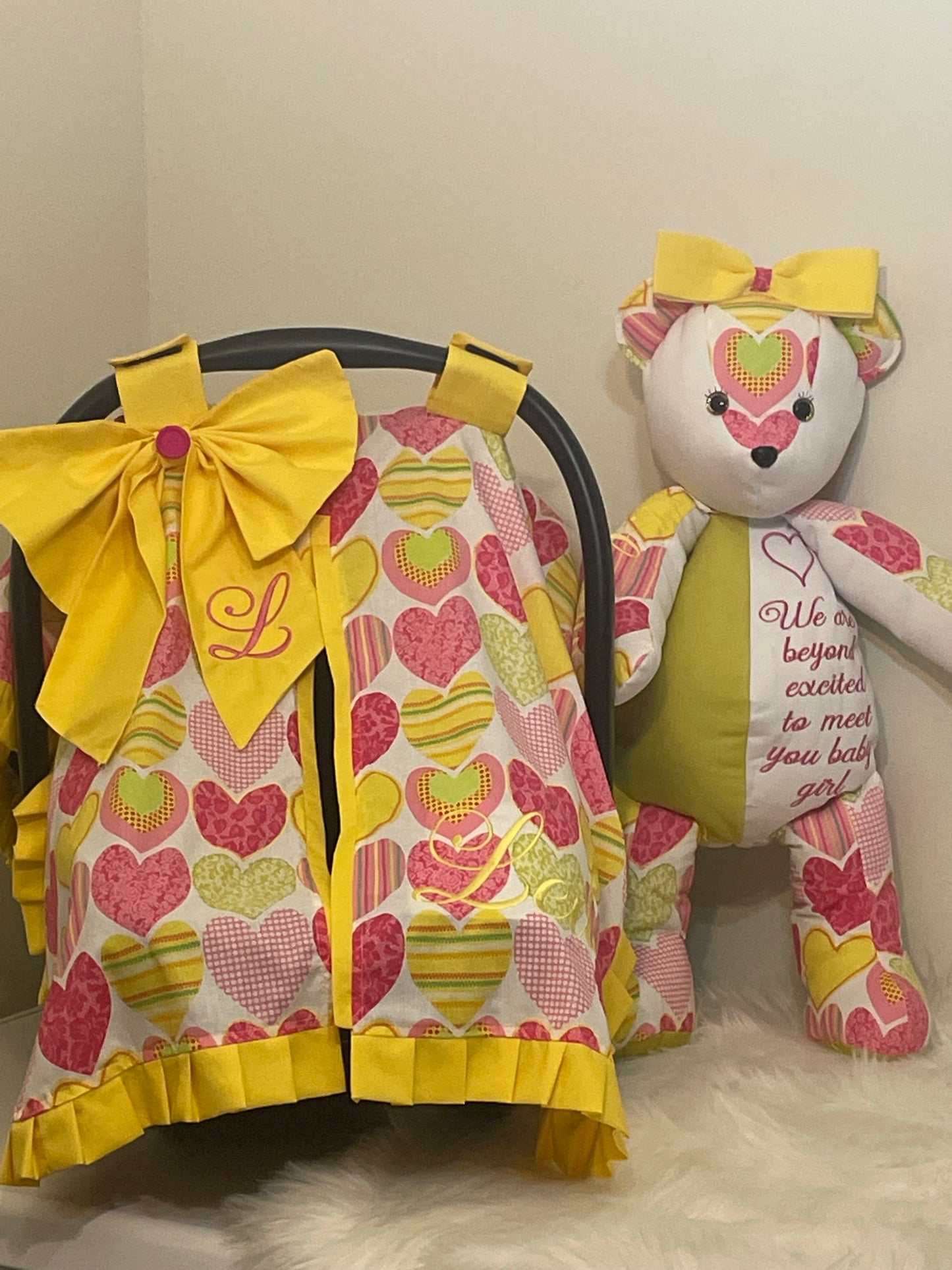 Personalized Baby Car Seat Cover & Keepsake Teddybear Set