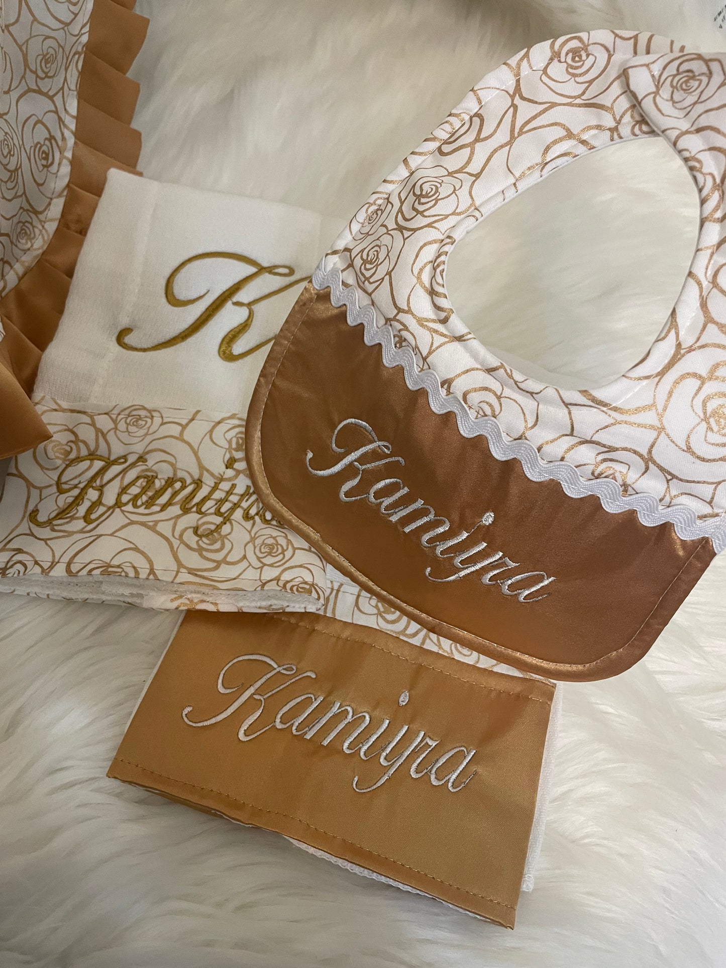 Gold & White Floral Handcrafted, Personalized Baby Car Seat Cover Set