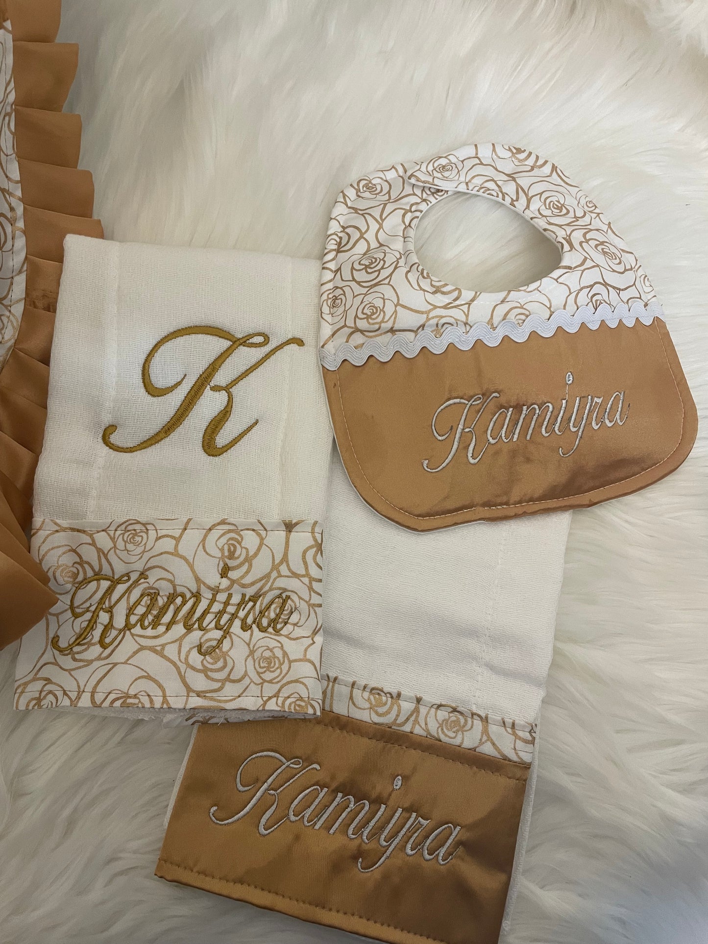 Gold & White Floral Handcrafted, Personalized Baby Car Seat Cover Set