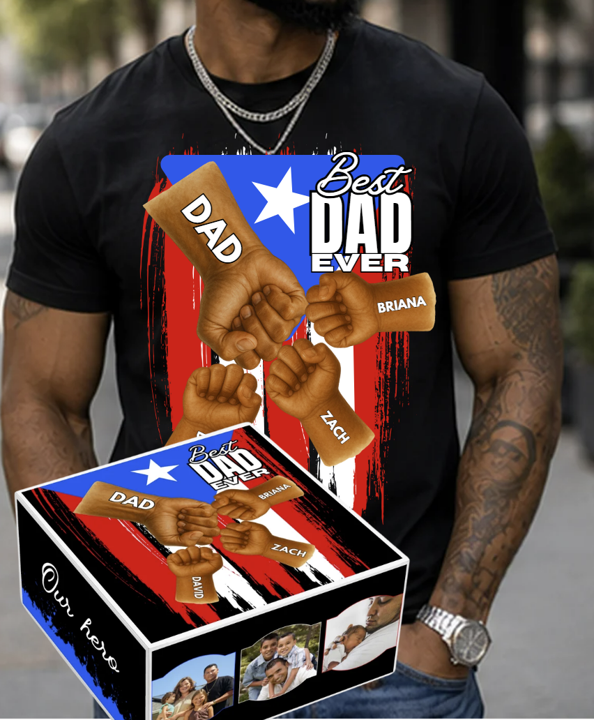 Red White & Blue Best Dad Ever Personalized Father's Day Tshirt & Gift Box Bundle