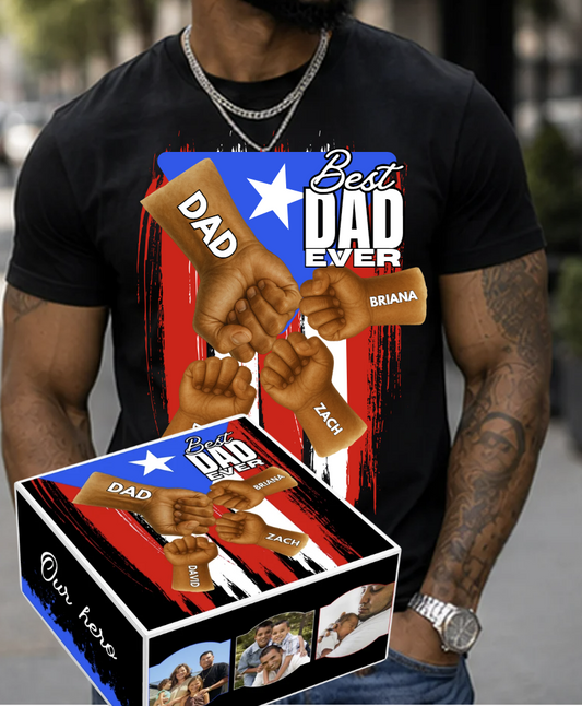 Red White & Blue Best Dad Ever Personalized Father's Day Tshirt & Gift Box Bundle