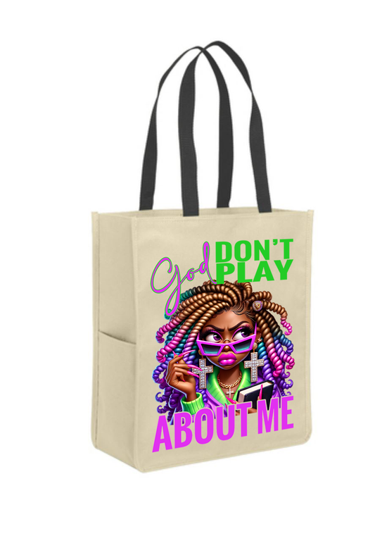 God Don’t Play About Me Canvas Tote Bag | Faith-Based Graphic Bag | Christian Tote Bag