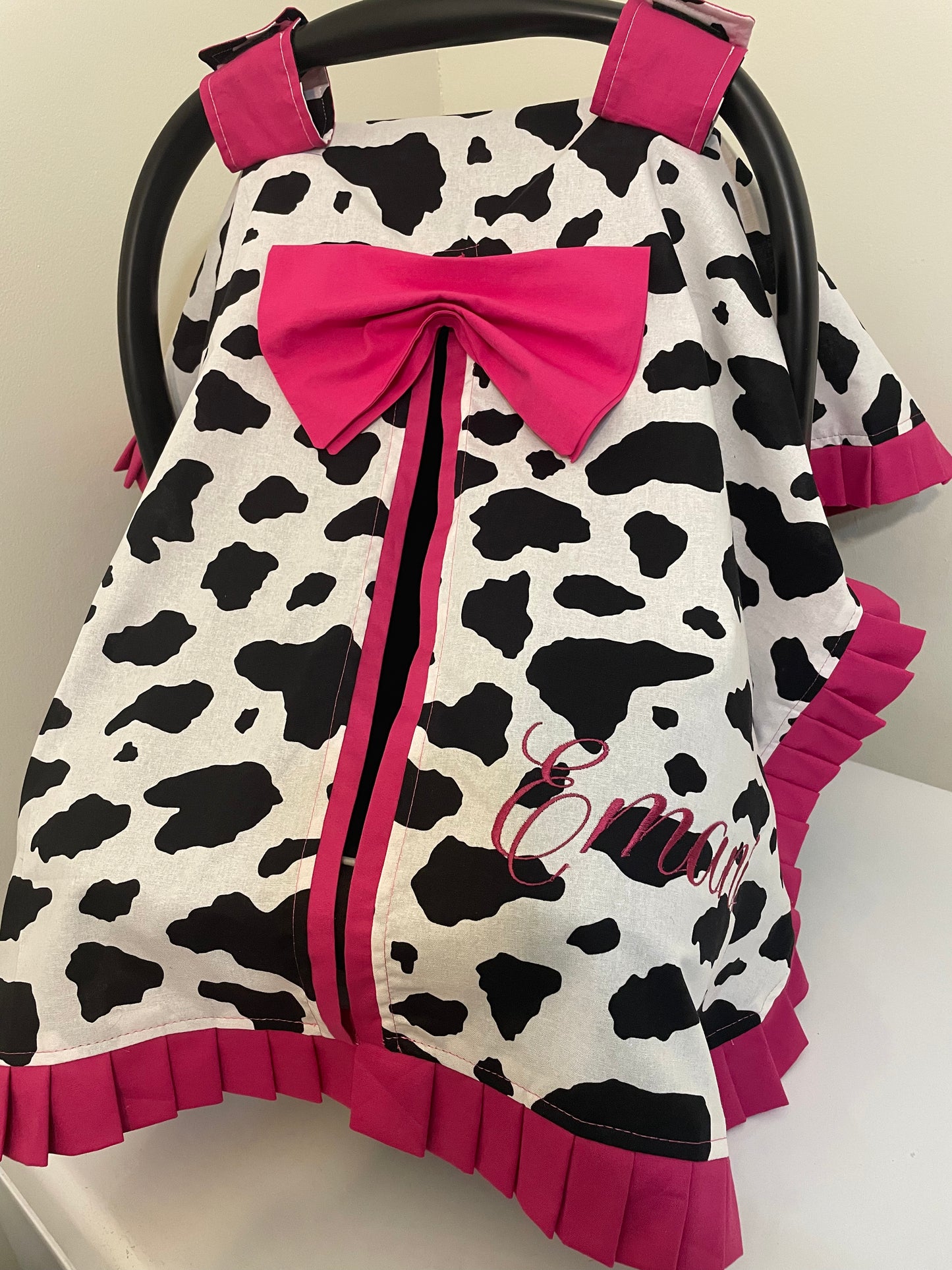 Cow Print & Hot Pink Handcrafted, Personalized Baby Car Seat Cover