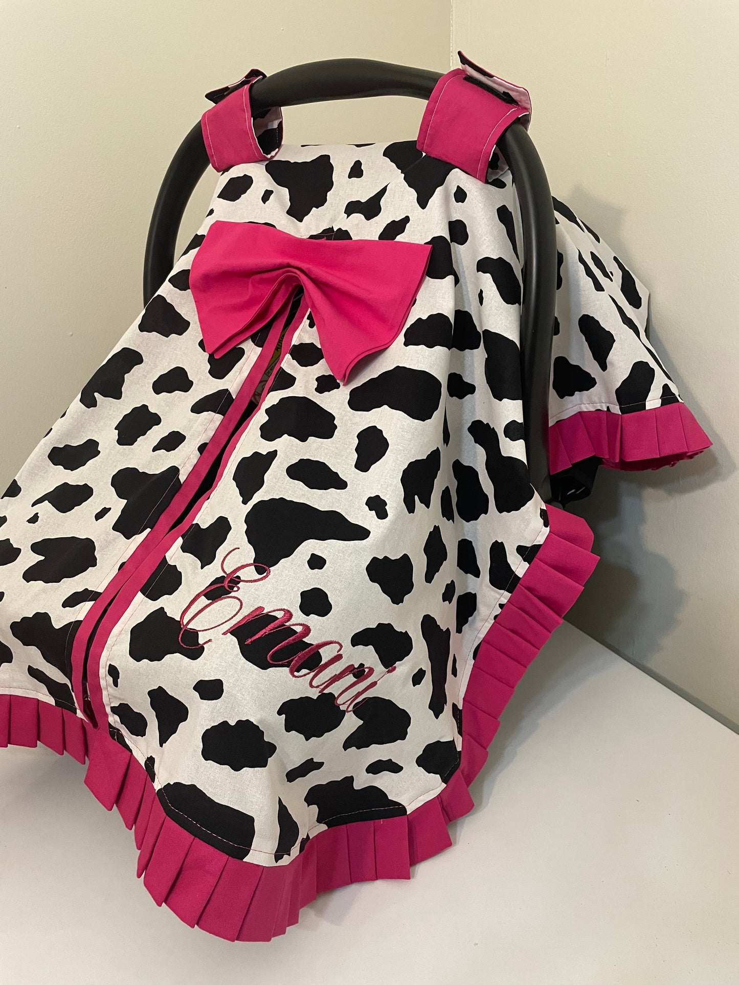 Cow Print & Hot Pink Handcrafted, Personalized Baby Car Seat Cover