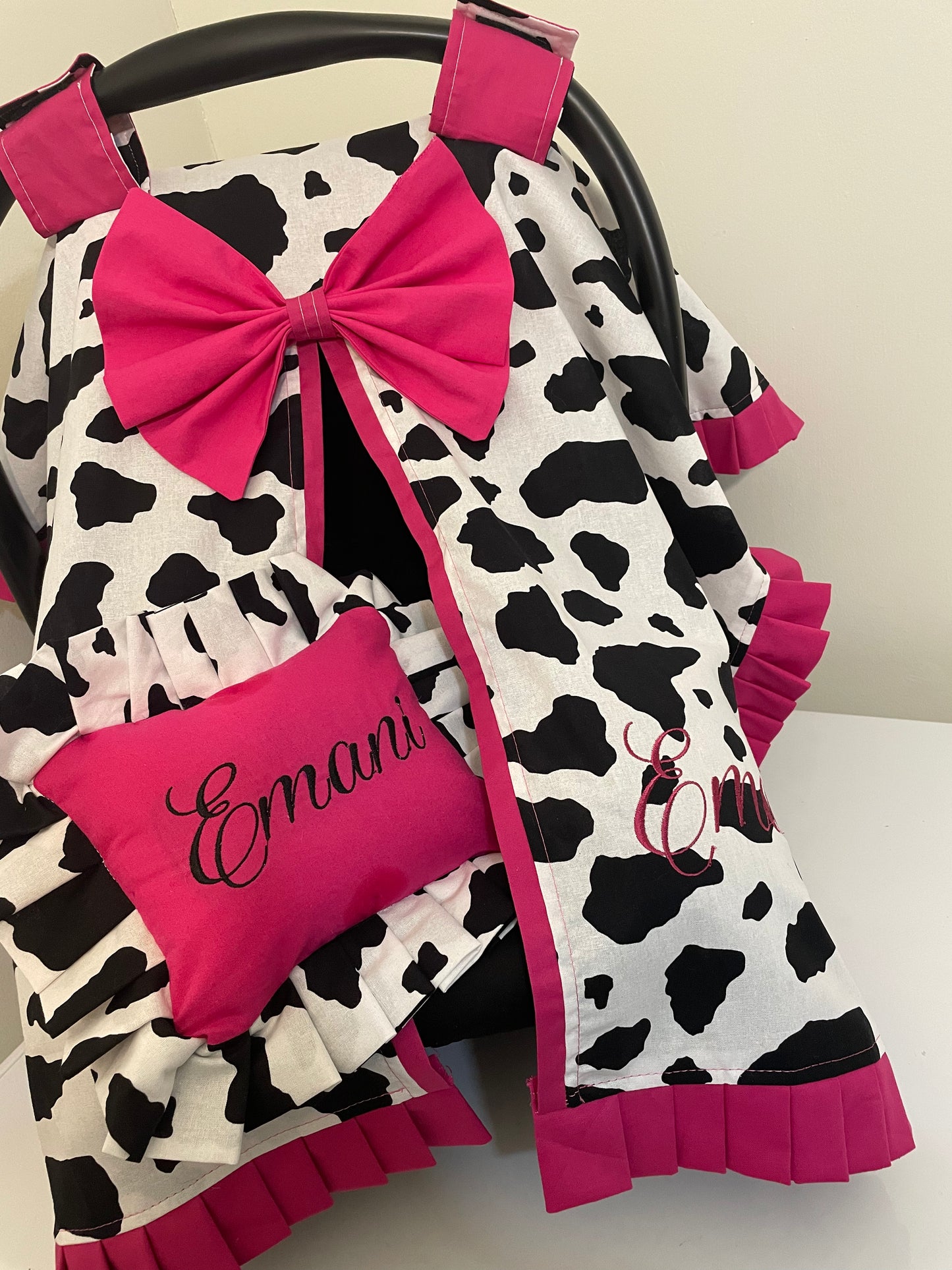 Cow Print & Hot Pink Handcrafted, Personalized Baby Car Seat Cover