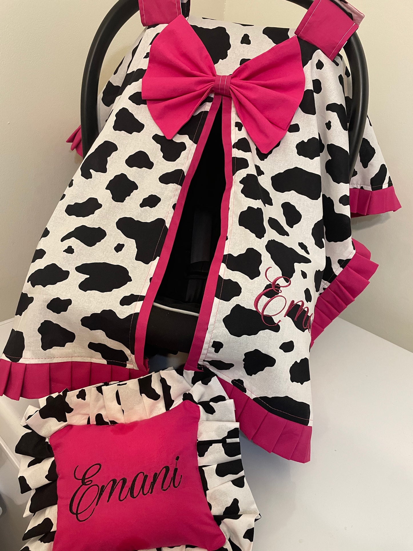Cow Print & Hot Pink Handcrafted, Personalized Baby Car Seat Cover