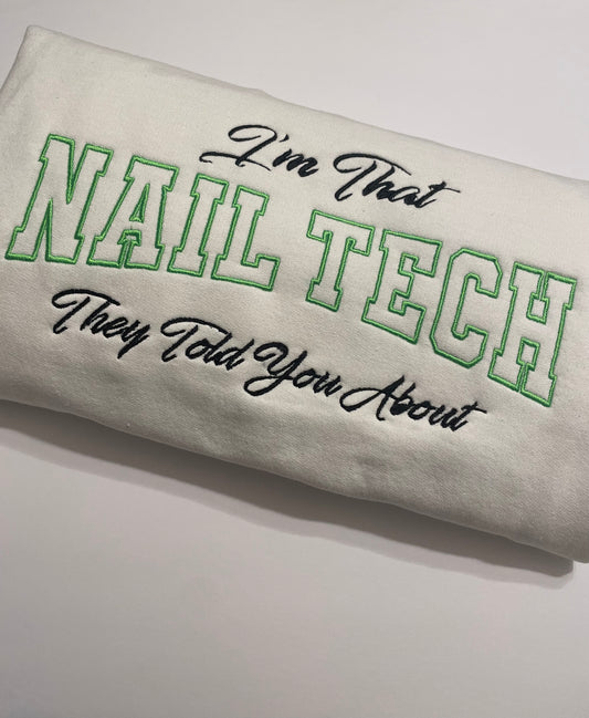 Custom Nail Tech Sweatshirt – Embroidered Nail Technician Apparel – Cozy Crewneck for Nail Artists