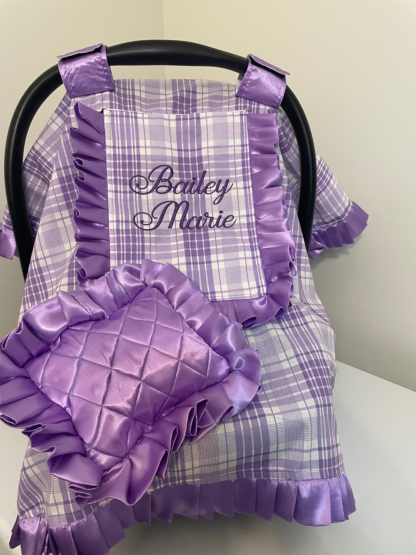 Handcrafted, Personalized Baby Car Seat Cover Plaid Purple Lilac
