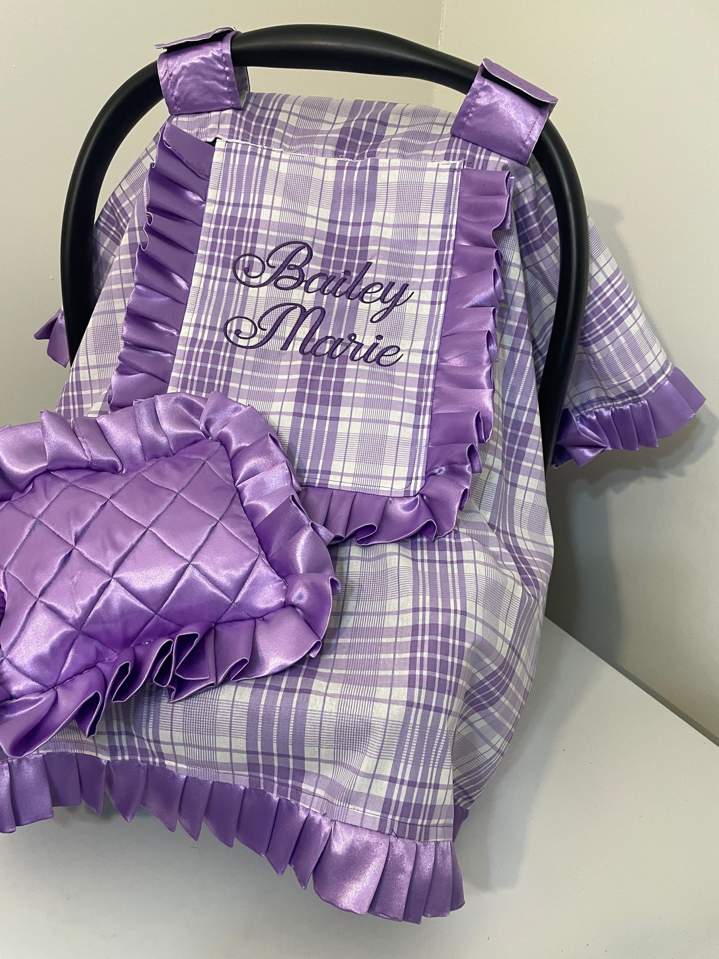 Handcrafted, Personalized Baby Car Seat Cover Plaid Purple Lilac