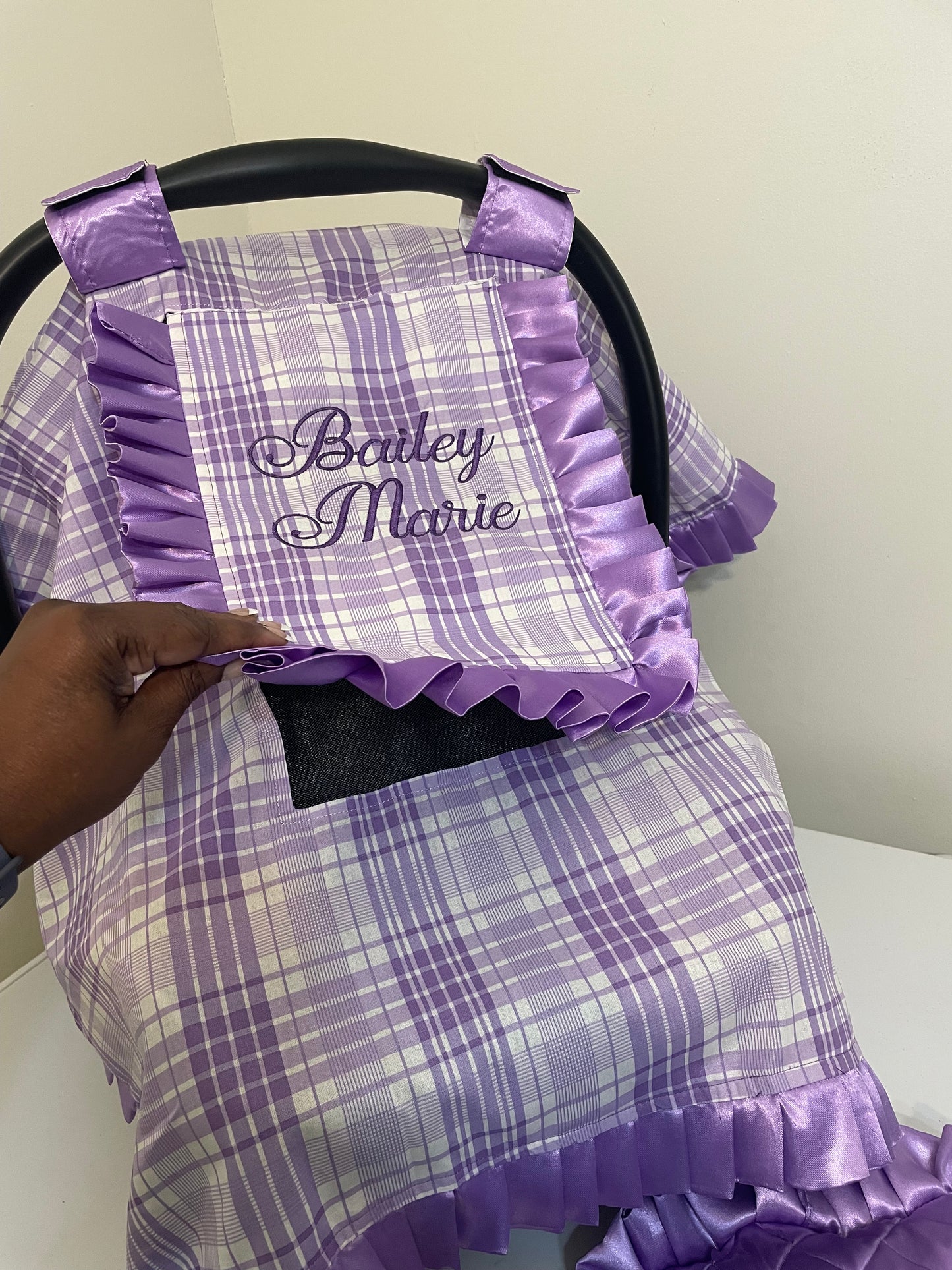 Handcrafted, Personalized Baby Car Seat Cover Plaid Purple Lilac