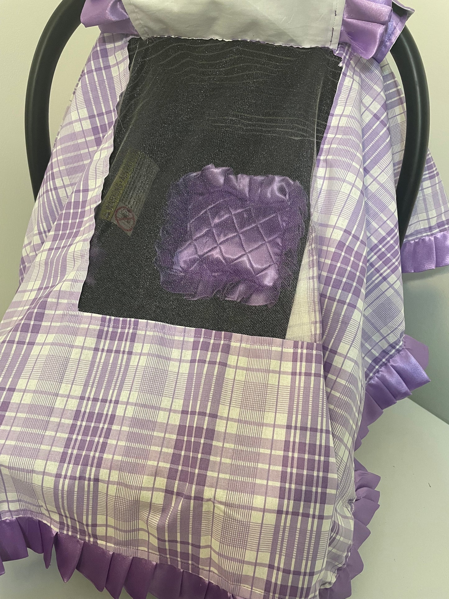 Handcrafted, Personalized Baby Car Seat Cover Plaid Purple Lilac