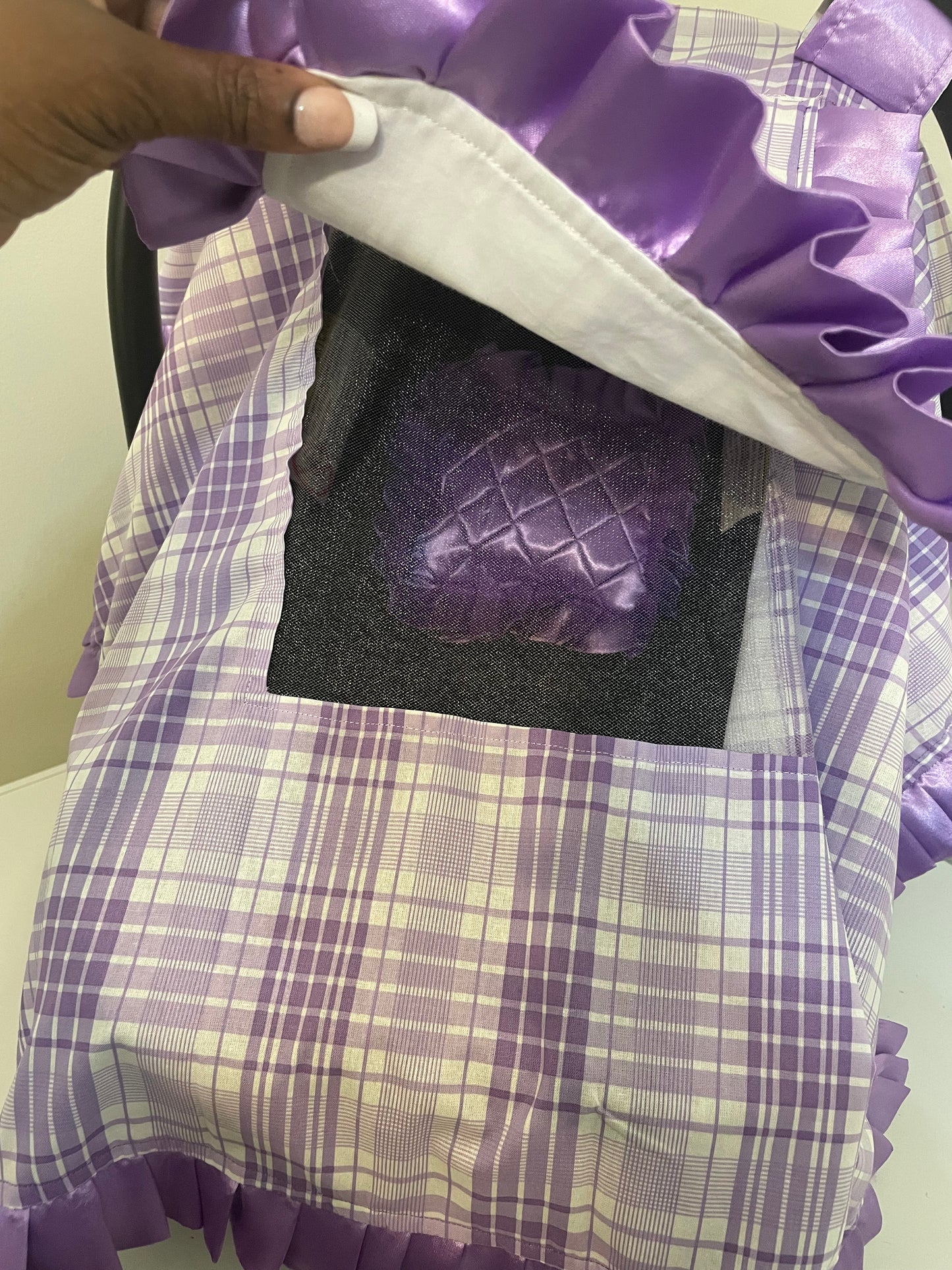 Handcrafted, Personalized Baby Car Seat Cover Plaid Purple Lilac