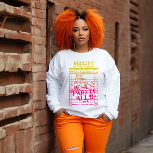 Faith Receipt Sweatshirt – Jesus Paid it All Neon Praise Edition