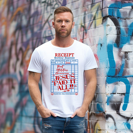 Jesus Paid It All – Kingdom Receipt Tee (Blue + Red)