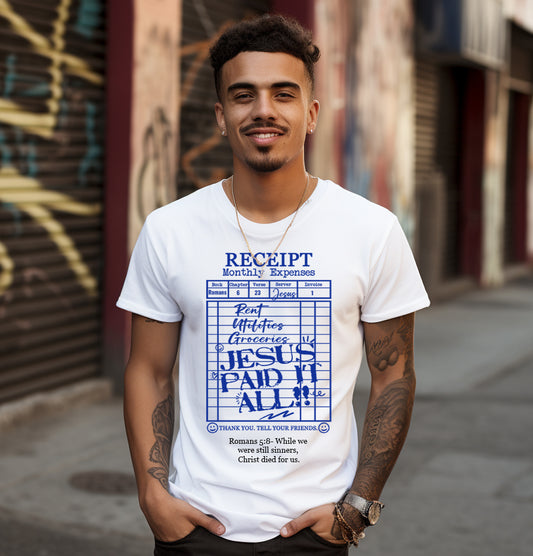 Jesus Paid It All – Solid Blue Receipt Tee (Clean Classic Edition)