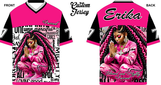 Blessed and Highly Favored Custom Jersey - Pink Camo Prayer Warrior Edition