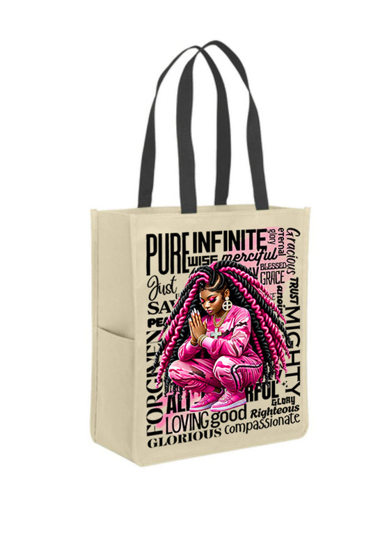 Blessed and Highly Favored Canvas Tote Bag - Pink Camo Prayer Warrior Edition
