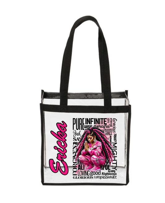 Blessed and Highly Favored Clear Stadium Tote - Pink Camo Prayer Warrior Edition