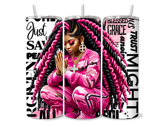 Blessed and Highly Favored Christian Tumbler - Pink Camo Prayer Warrior Edition