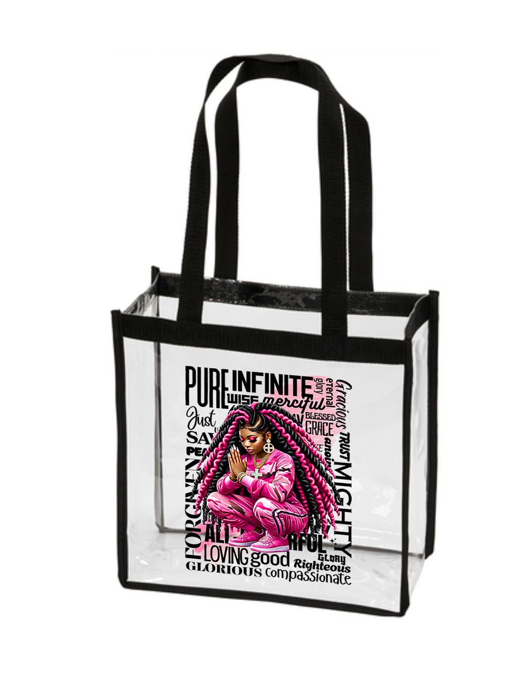 Blessed and Highly Favored Clear Stadium Tote - Pink Camo Prayer Warrior Edition