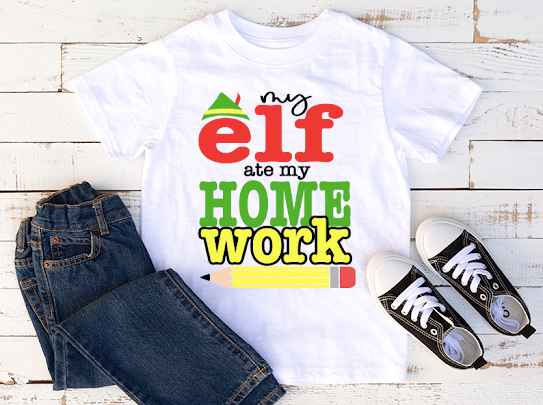 “ My Elf Ate My Home Work” Kids Tshirt