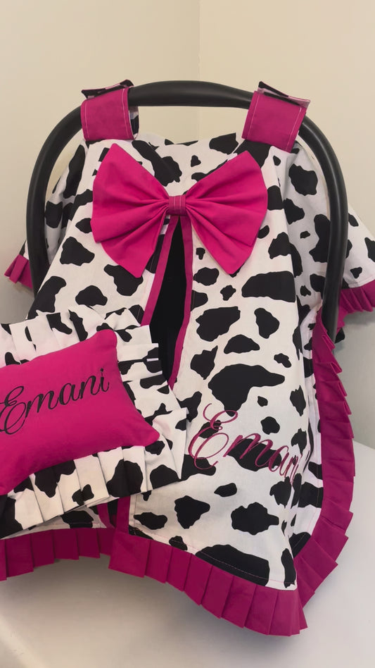 Cow Print & Hot Pink Handcrafted, Personalized Baby Car Seat Cover